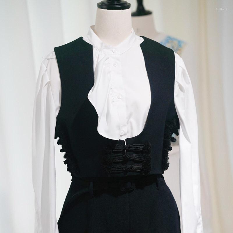 

Women's Tanks Early Spring High Quality Black Wool Silk Tank Top Women Vintage Sleeveless U Neck Equestrian Button Vest Elegant Slim