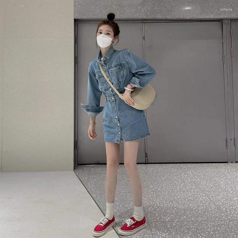 

Casual Dresses Denim Dress For Women 2023 Vestidos With Button Pocket Sexy Mid-length Midi Jeans Autumn Long Sleeve T615, Blue