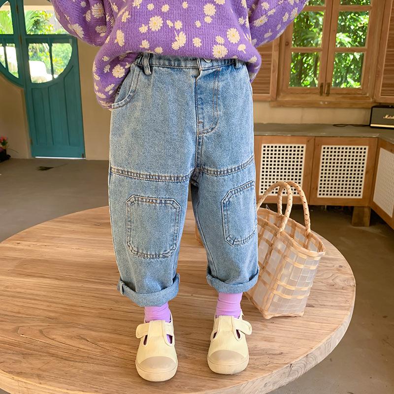 

Jeans Spring Autumn Girls Casual All-match Boys Loose Patchwork Denim Pants, Blue