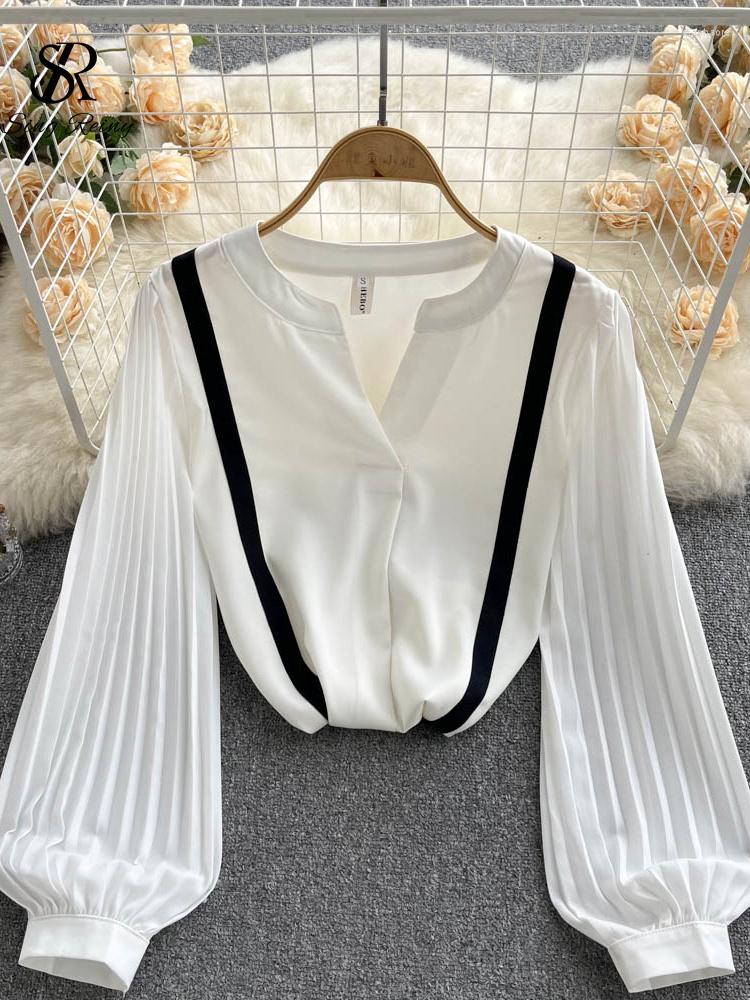 

Women' Blouses SINGREINY Women Elegant Fashion Long Blouse Summer Lapel V Neck Lantern Sleeve Covered Button Senior Contrast Color Loose, White