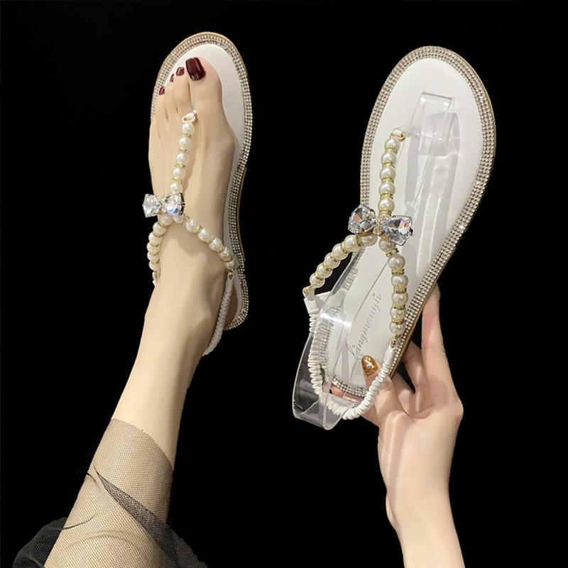 

Sandals Pearl With Skirt Fairy Wind Clip Toe Diamond Flat Bottomed Antiskid Beach Shoes In Summer 2023, Black
