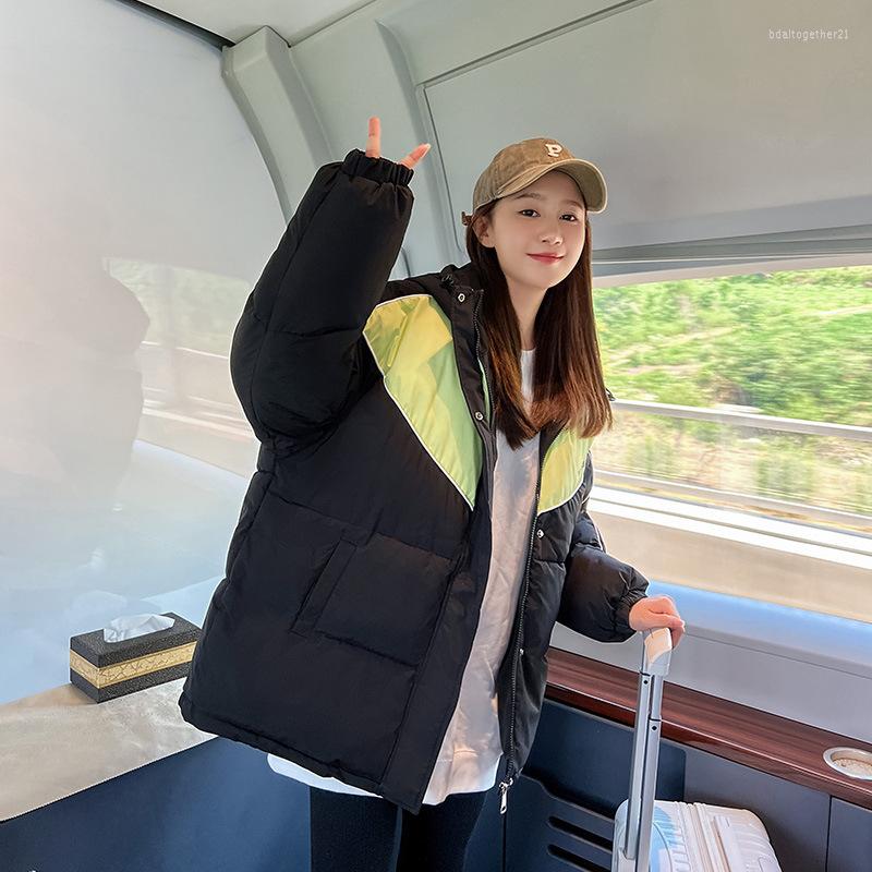 

Women's Trench Coats Winter Autumn Women Loose Color Contrast Down Cotton Jacket Black Bread Coat Female's Padded Jackets Doudoune Cjk