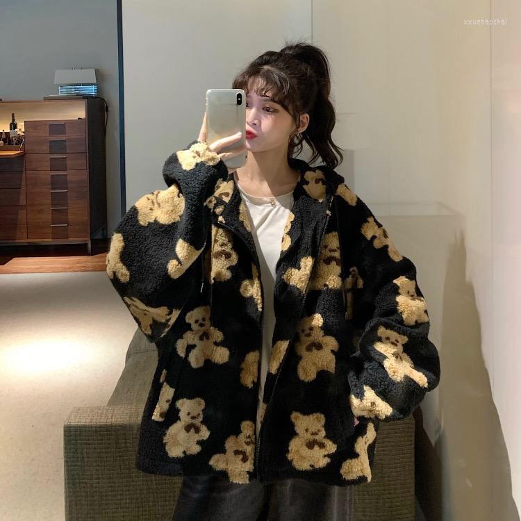 

Women's Jackets Hoodies Women Sweatshirts Fashion Korean Style Harajuku Animal Bear Pattern Jacket Couple Casual Loose Hip-Hop Zip Up Coat, Brown