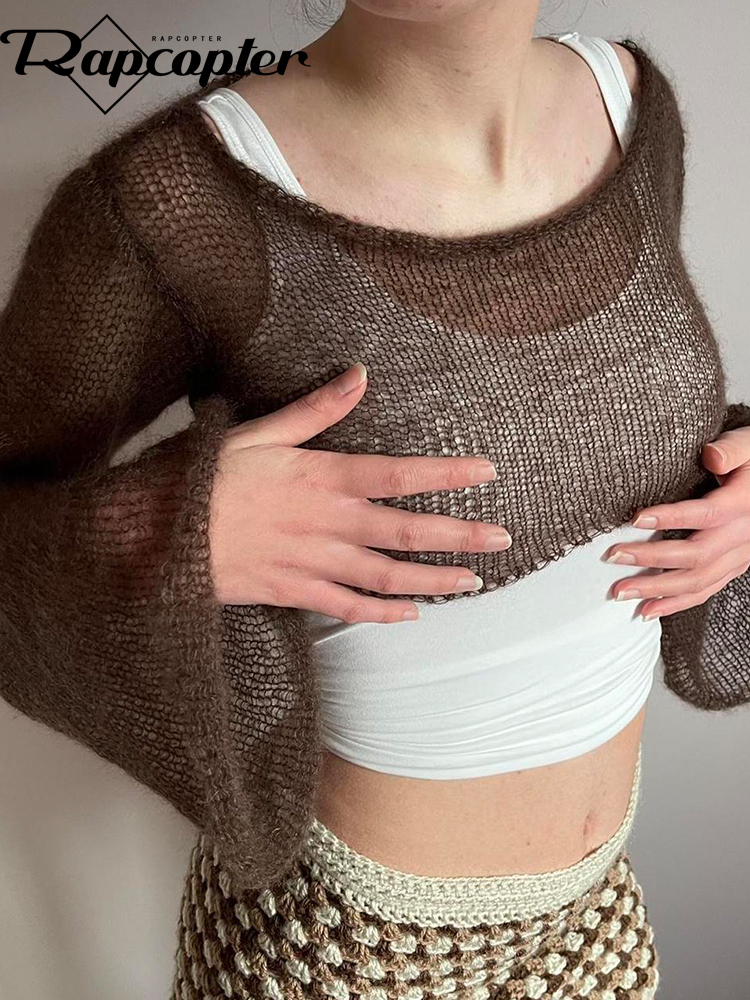 

Women' T-Shirt Rapcopter Solid Knitted Crop Top Sun Protetcion Breathable y2k T Shirt O Neck Long Sleeve Smock Top Retro Basic Fashion Tee Chic 230203, Auburn