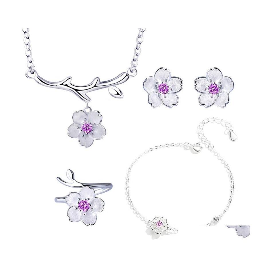 

Other Jewelry Sets Fashion Romantic Sier Color Cherry Blossoms Flower Pendant Cute Bridal Wedding Gift Drop Delivery Ot0Ef