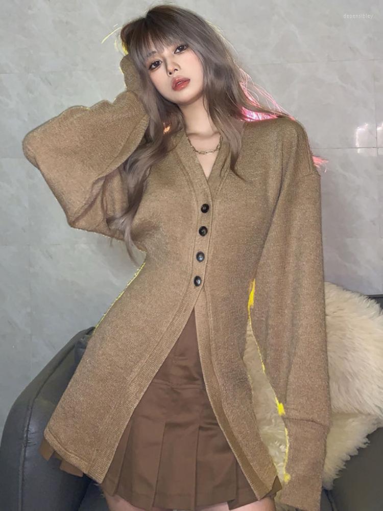 

Women' Knits Deeptown Y2K Vintage Knitted Cardigan Women Harajuku Retro Oversize Sweater Slim Casual Long Sleeve V-neck Outerwear Tops, Khaki