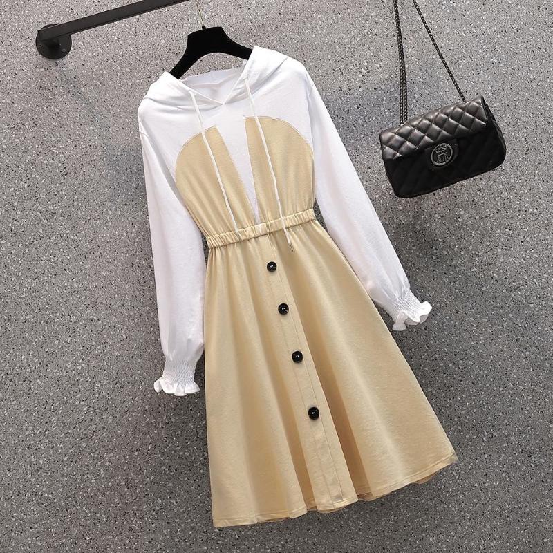 

Casual Dresses Plus Size Women Party Hoodie Autumn Winter Front Drawstring Sweatshirt Long Sleeve Dress Vestidos Cloth, Khaki