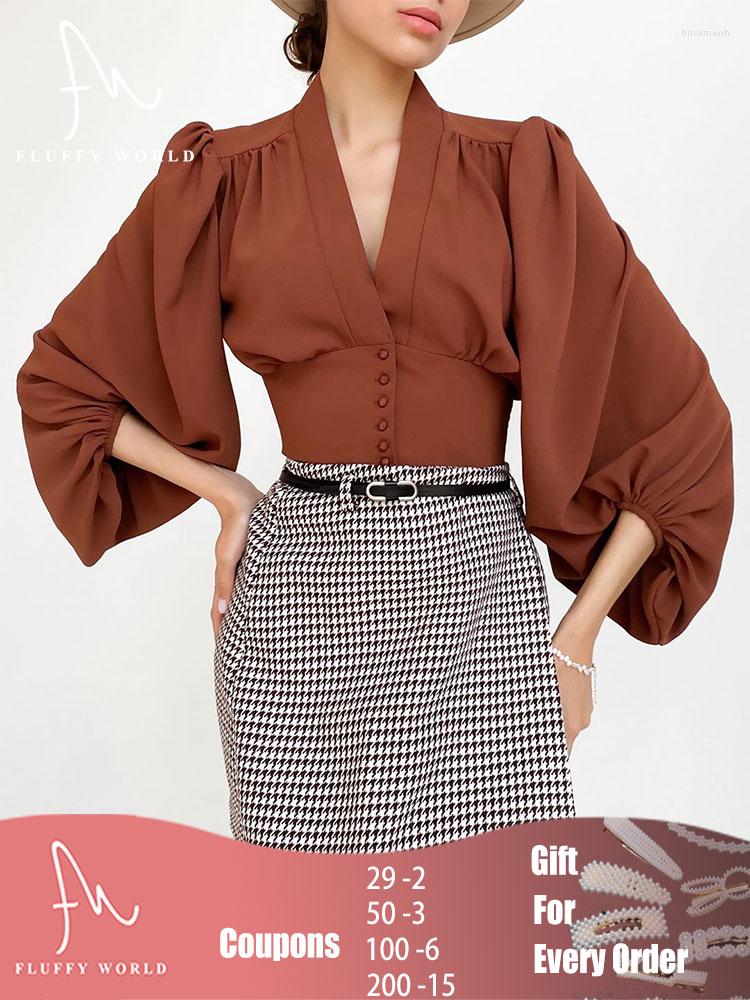 

Women' Blouses Ladies Elegant Solid Color Blouse V Neck Lantern Long Sleeve Streetwear Crop Top Button Up Vintage Shirts Casual Clothing, White