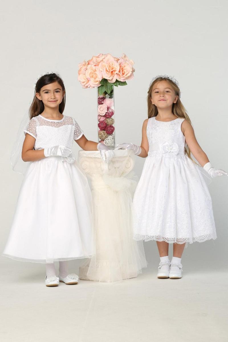 

Girl Dresses Classic Tulle Flower Bow Lace Short Sleeve For Wedding Birthday Ball Gown First Holy Communion, White