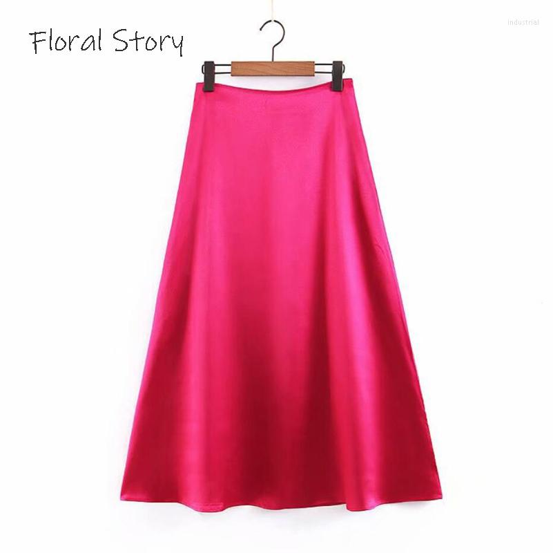 

Skirts Solid Color Summer Skirt FLORAL STORY Woman Shinny Fabric Casual Office Lady Fuchsia Elegant A-line Ankle, Purple