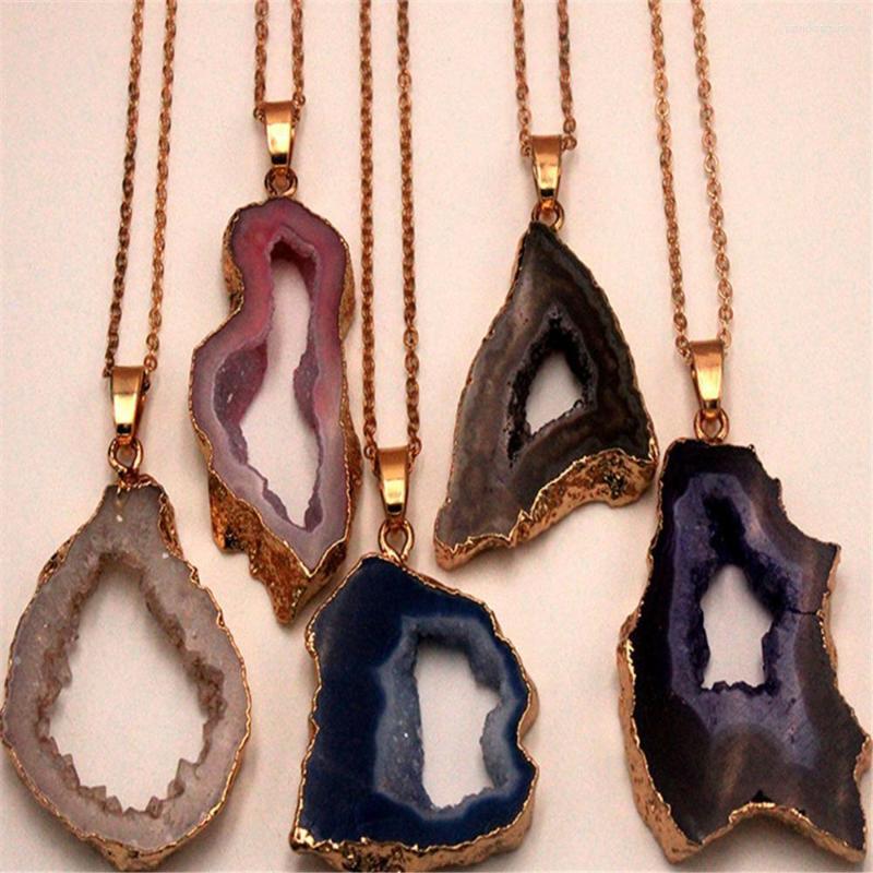 

Pendant Necklaces Wholesale 6pc/lot Natural Stone Hand Maded Agates Original Irregular Hole Tooth Crystal Cluster Plated Gold