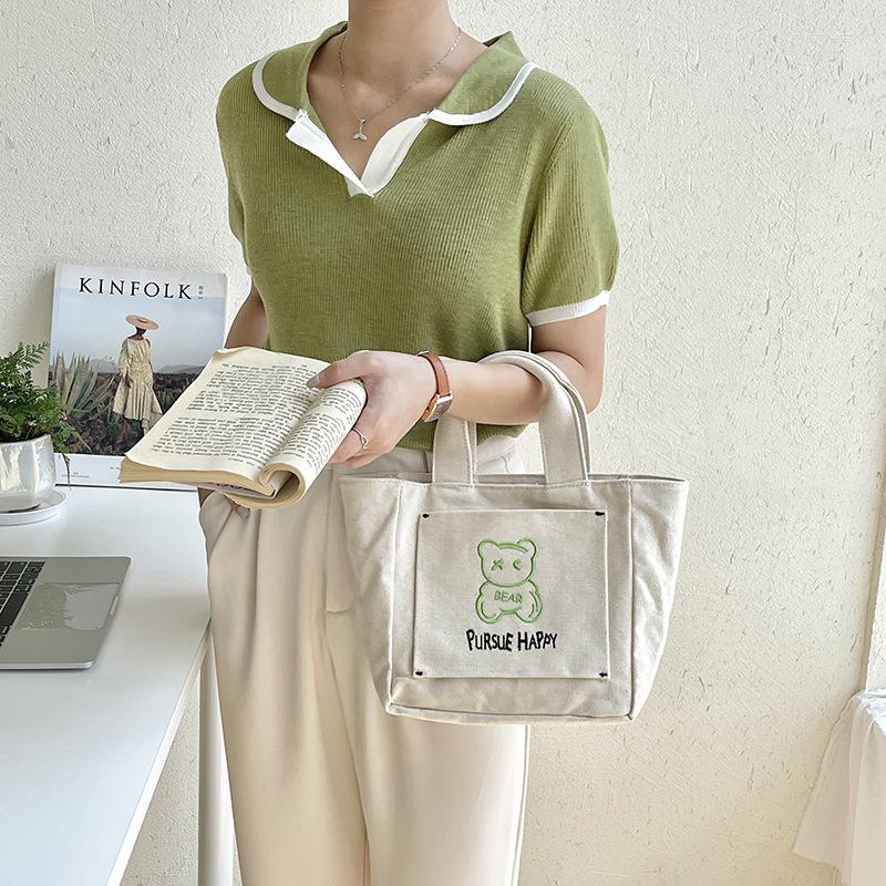 

Evening Bags Korean Version Of Casual Canvas Handbag Trend Small Fresh Fashion Simple Embroidery Bear Tote Bag Daily Commuter, Black