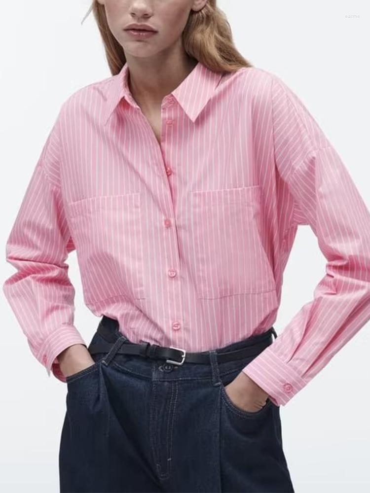

Women's Blouses 2023 Women Striped Printed Shirt Spring Summer Causal Pink Turn Down Collar Long Sleeved Tops Single Breasted T-Shirts, Picture shown