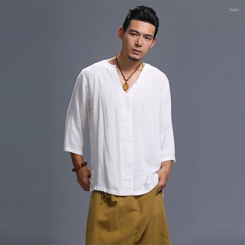 

Ethnic Clothing 3/4 Sleeve Men Cotton Linen V-Neck Shirt Chinese Traditional White Casual Tang Tops Retro Button Ancient Harajuku Loose Coat