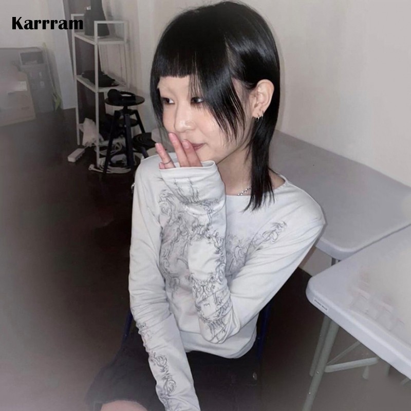 

Women's T-Shirt Karrram Y2k Aesthetics T-shirt Grunge Fairycore Korean Fashion Tshirt Long Sleeve Harajuku Vintage Graphic Print Tops Gothic 00s 230203, Black