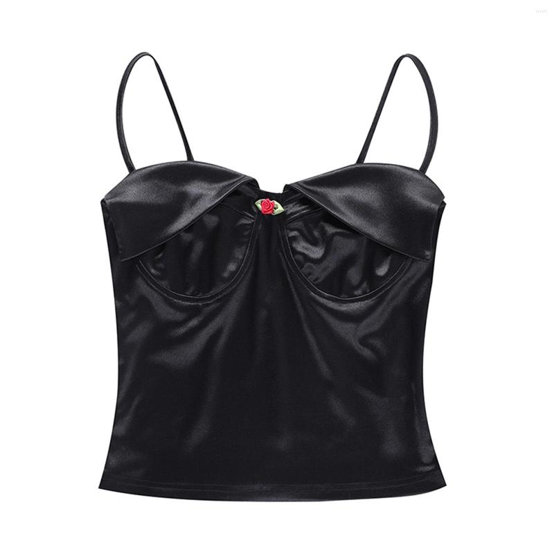 

Women' Tanks Women Fashion Satin Sling Crop Tops Summer Sexy Casual Floral Pattern Sleeveless Backless Camisole Streetwear Clubwear, Black