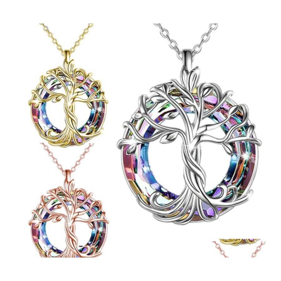 

Pendant Necklaces Rose Gold Sier Tree Of Life Women Necklace Round Rainbow Crystal Birthday Gift For Girls Friends Mom Drop Delivery Otrgh