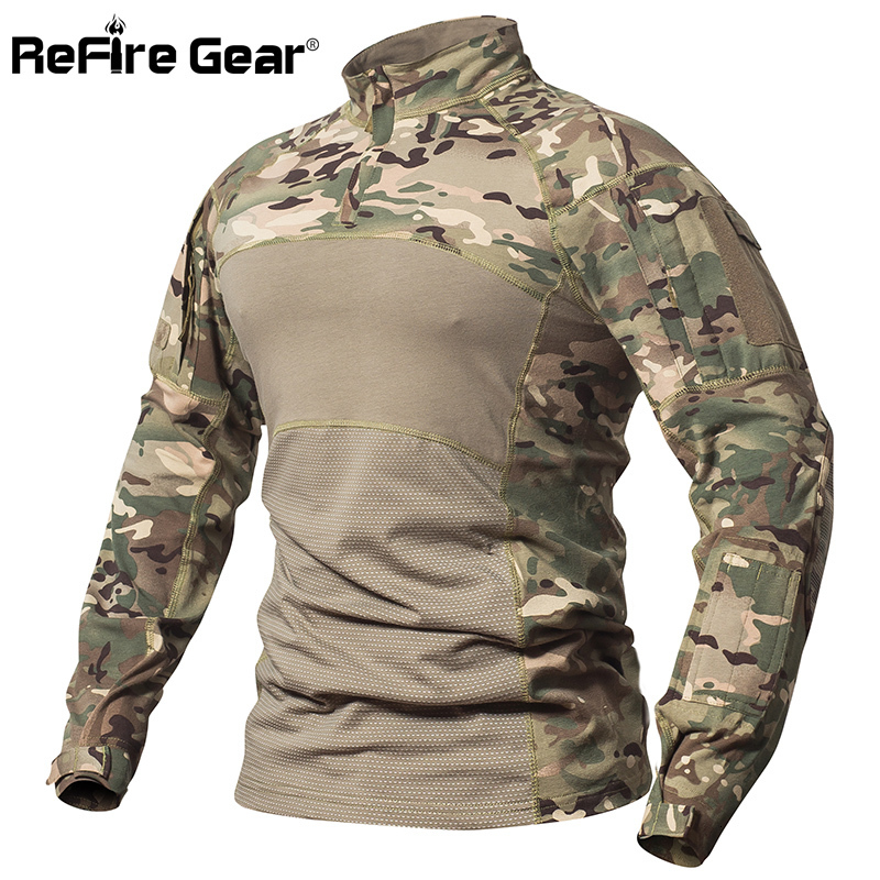 

Men's T-Shirts ReFire Gear Tactical Combat Shirt Men Cotton Military Uniform Camouflage T Shirt Multicam US Army Clothes Camo Long Sleeve Shirt 230203, Green snake