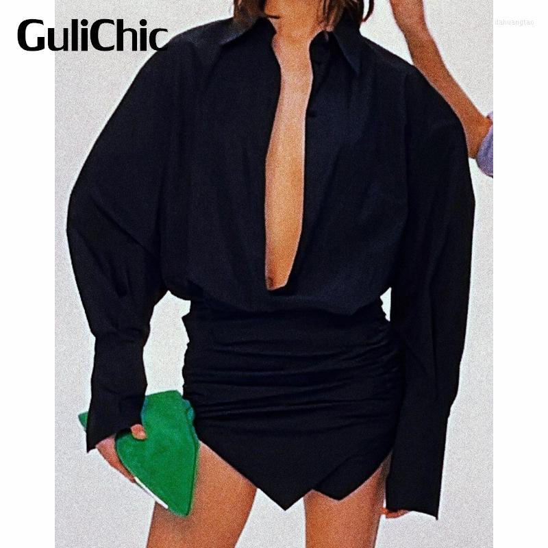 

Casual Dresses 1.3 GuliChic Women Elegant Solid Color Button Embroidery Long Sleeve Ruched Slim Irregular Sexy Mini Dress, Black
