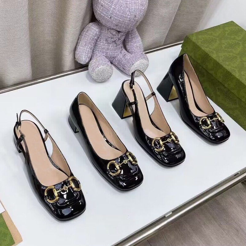 

Women Dress Shoes spring Coarser heel high heels 100% leather Metal buckle lady designer heeled boat shoe Large size 35-41-42 With box, Red[heel 7.5cm]