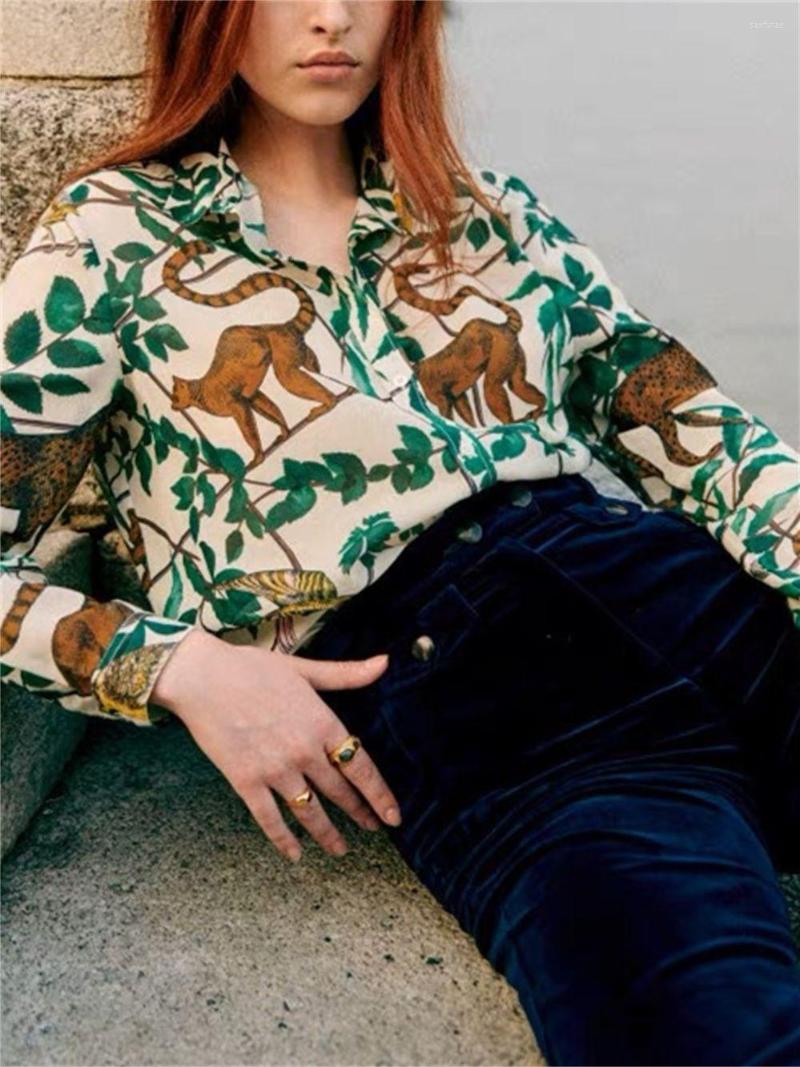 

Women' Blouses Women Animal Tree Printed Blouse 2023 Early Spring French Ladies Turn-Down Collar Long Sleeve Single Breasted Elegant Shirt
