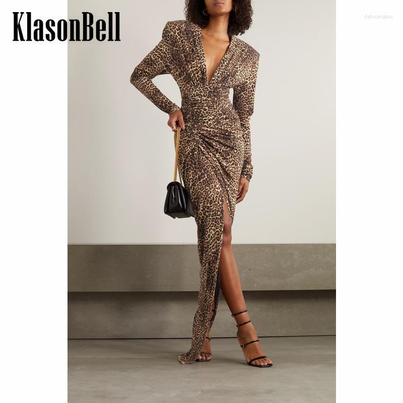 

Casual Dresses 12.14 KlasonBell Sexy & Club Party Deep V-Neck Shoulder Pads Leopard Print Ruched Slim Split Maxi Dress Women, Picture shown