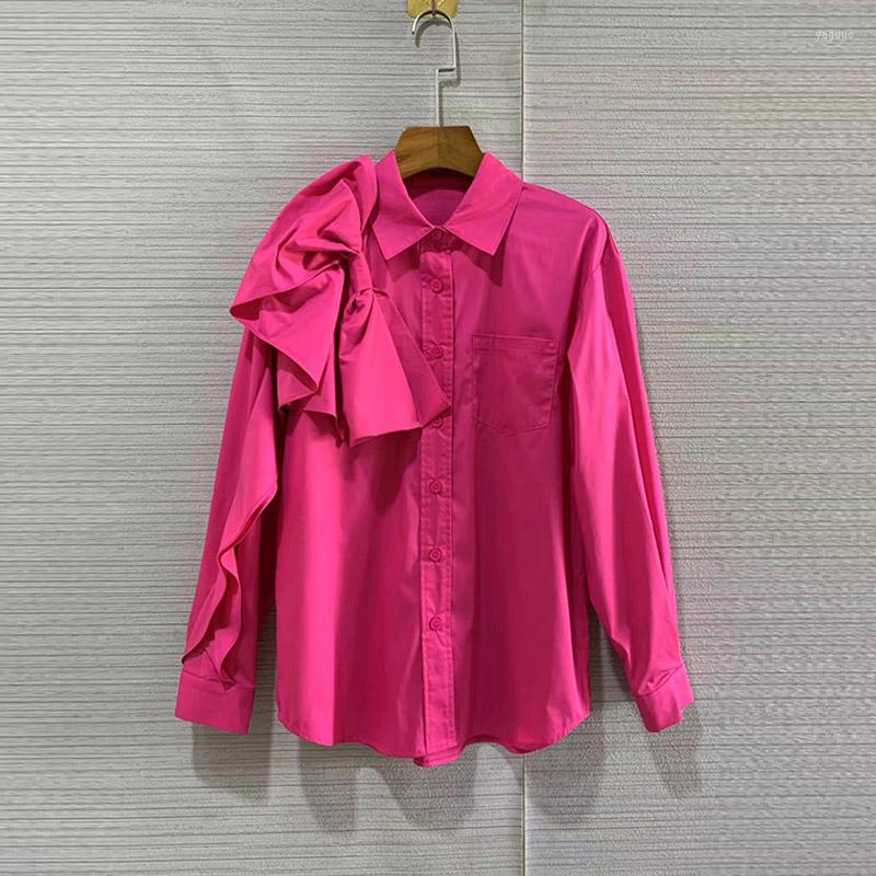 

Women' Blouses Cotton Shirts 2023 Spring Style Women Turn-down Collar Pocket Patchwork Bow Deco Long Sleeve Casual Green Pink White