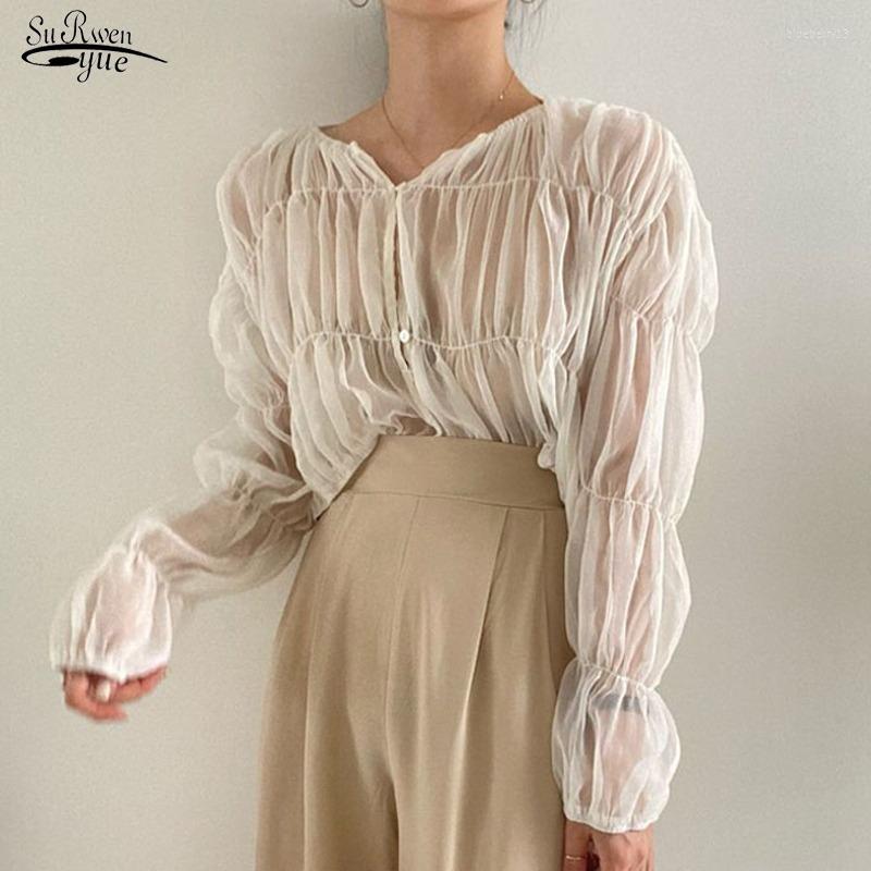 

Women's Blouses Korean Loose Casual Blouse Women Summer Slim Pleated Chiffon Shirt Fashion Folds Perspective Long Sleeve Tops Blusas Mujer, Gray