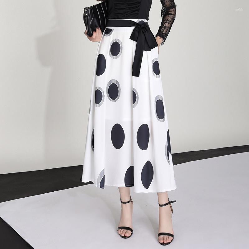 

Skirts Big Wave Point Temperament A-line Midiskirt Women's 2023 Summer Korean High Waiste Large-swing Elegant OL Office Lady Skirt, White