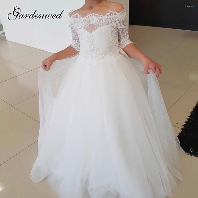 

Girl Dresses Gardenwed Tulle Lace Scoop Flower Ivory Satin Back Bow Kids Celebrity Dress Ruffles Off Shoulder Baby Prom, Pink