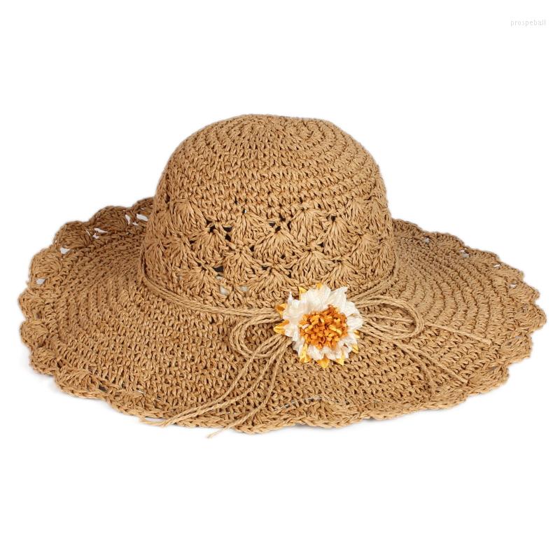 

Wide Brim Hats Wholesale Women Summer Travel Beach Seaside Breathable Woven Big Sunshade Straw Paper With Flower, Beige