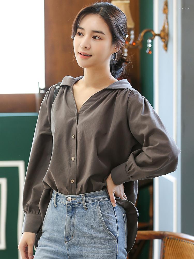 

Women' Blouses Solid Gray Women Shirt Cotton Elegant Buttons Long Sleeve V Neck Casual Ruffled Ladies Loose White Tops Summer 2023