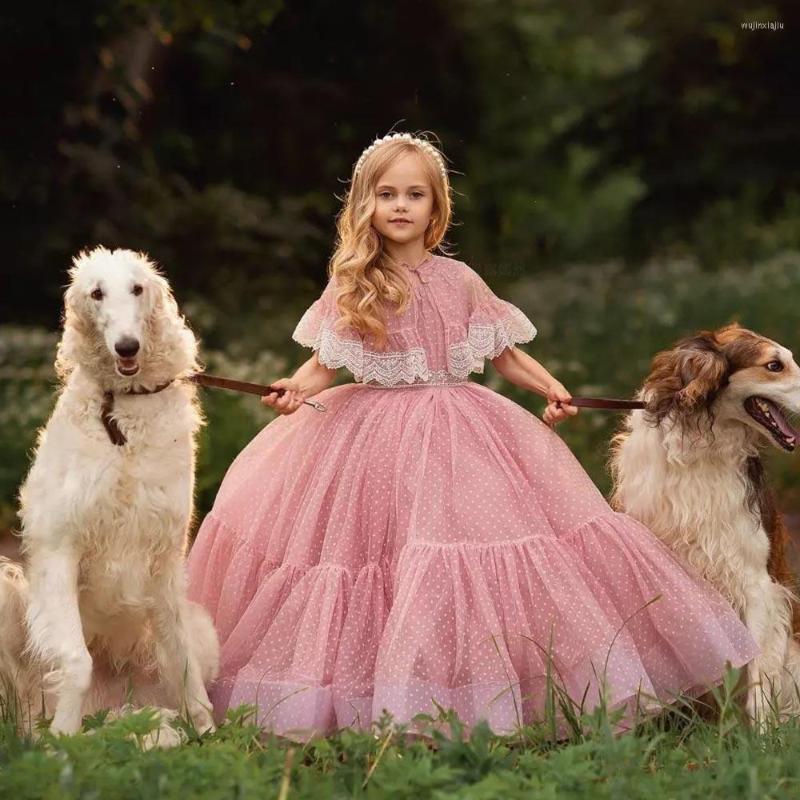 

Girl Dresses Pink Luxury Flower Girls 2023 Point Tulle Puffy Kids Wedding Party Dress With Cape A-Line Long Princess Gowns, Black