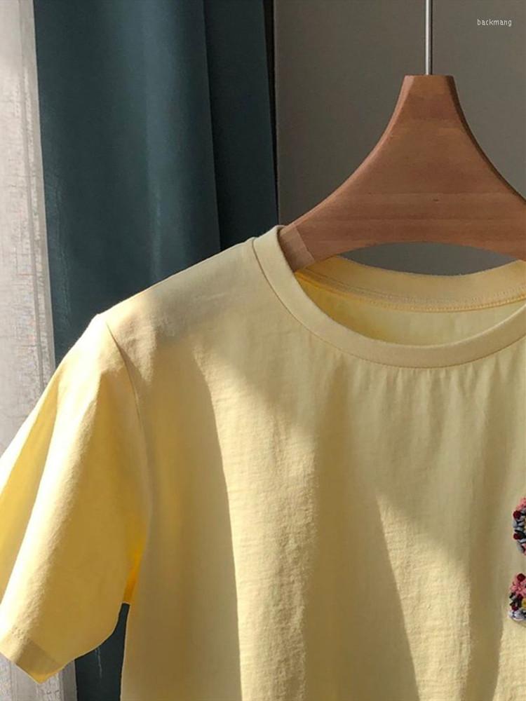 

Women' T Shirts Letter Embroidery Crochet Ladies Cotton T-Shirt 2023 Summer Female Solid Color Simple Casual, White