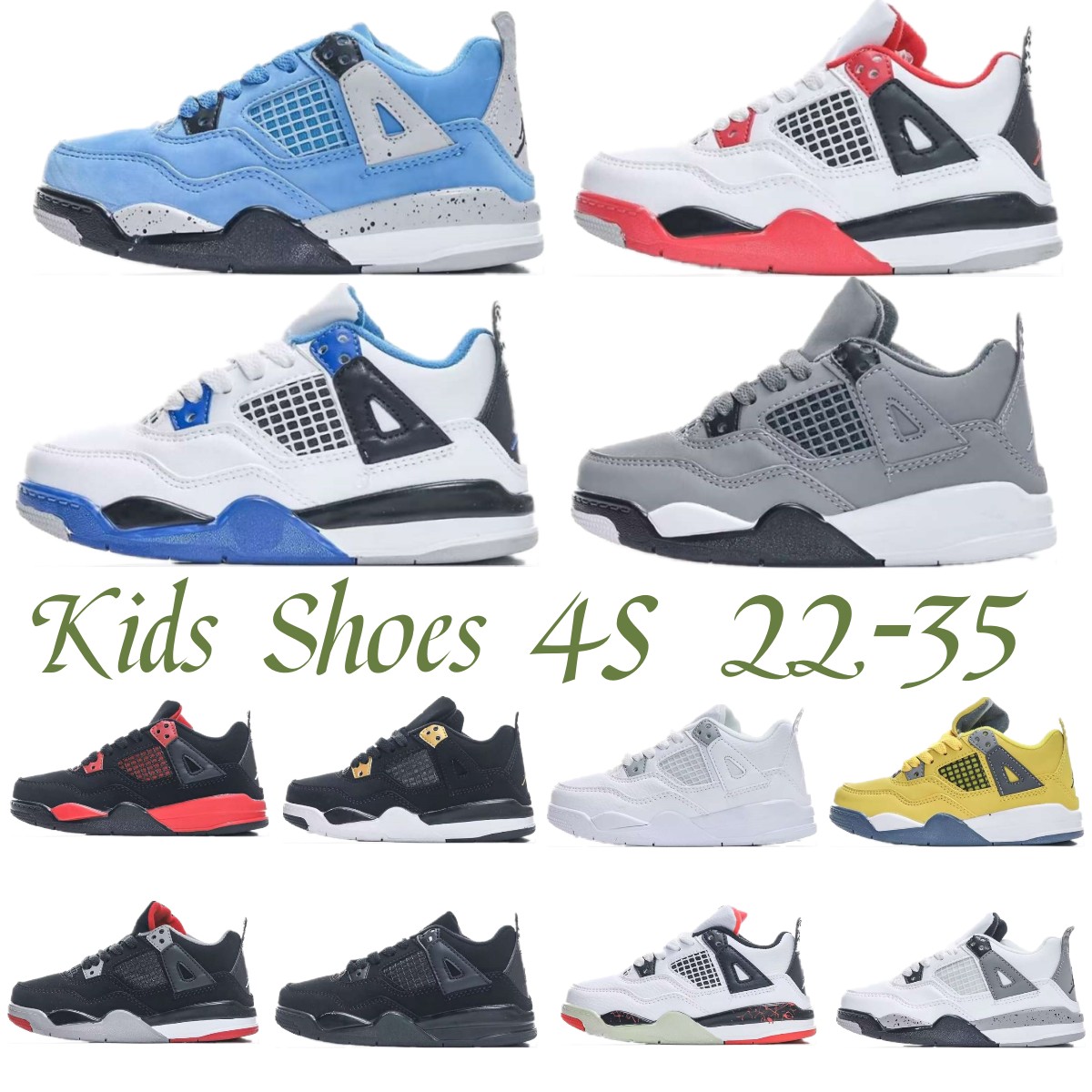 

Kids Shoes 4 Basketball 4s Designer Sneakers Boys Military Black Cat Trainers Baby kid shoe Fire Red Thunder Girls Children youth toddler infants Blue Lightning Grey, 10