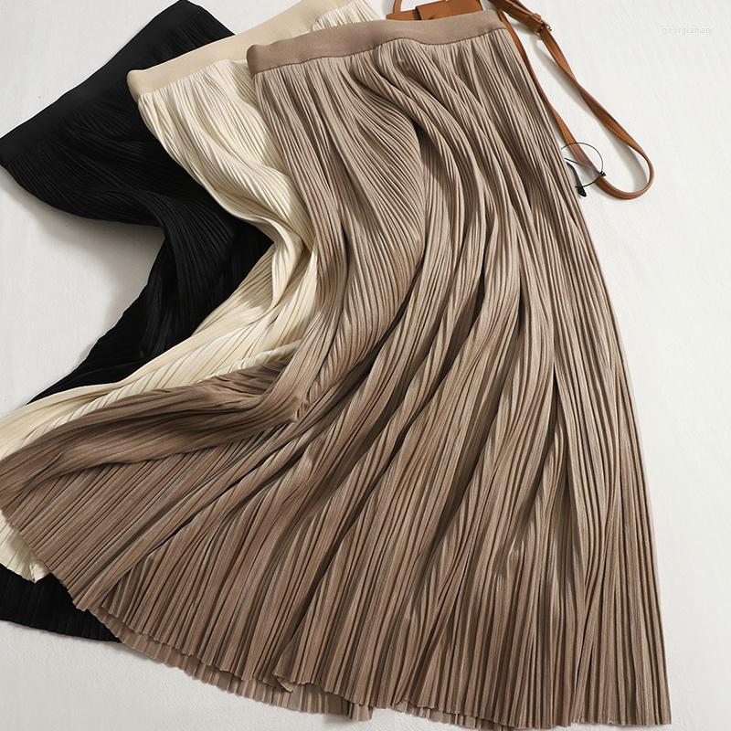 

Skirts Autumn Winter Velvet Pleated High Waist Elastic Skirt Women Fashion Fine Solid Color Lady Midi Long A Line Female, Beige