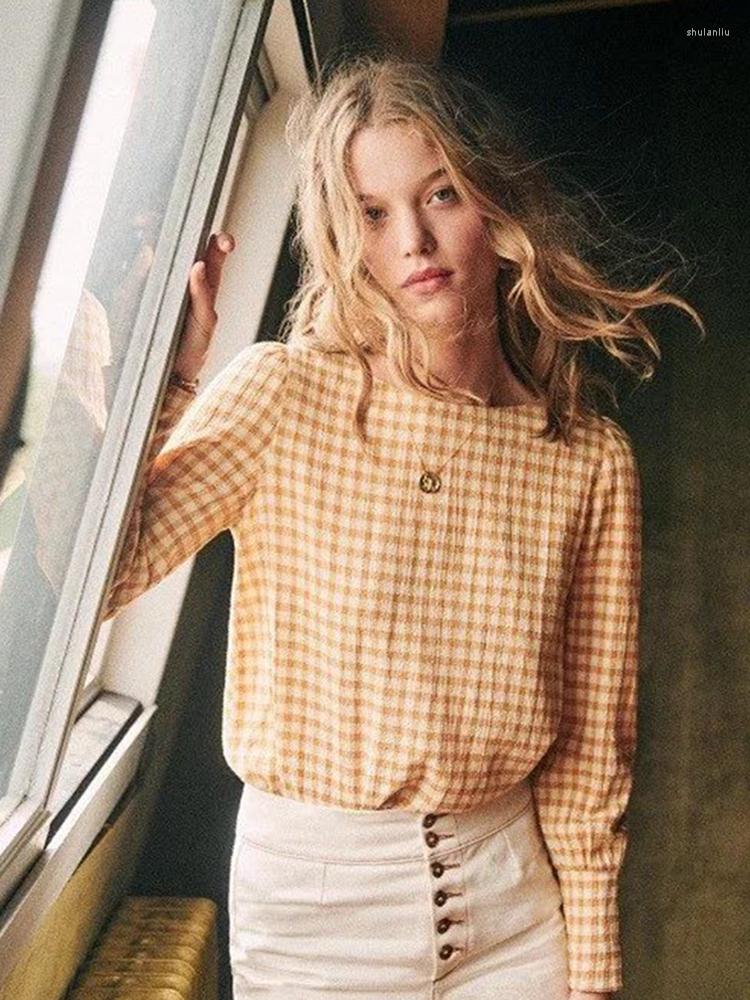 

Women' Blouses Women Shirt 2023 Early Spring Elegant Back Button Long-sleeved Embossed Cotton Yellow Round Neck Plaid
