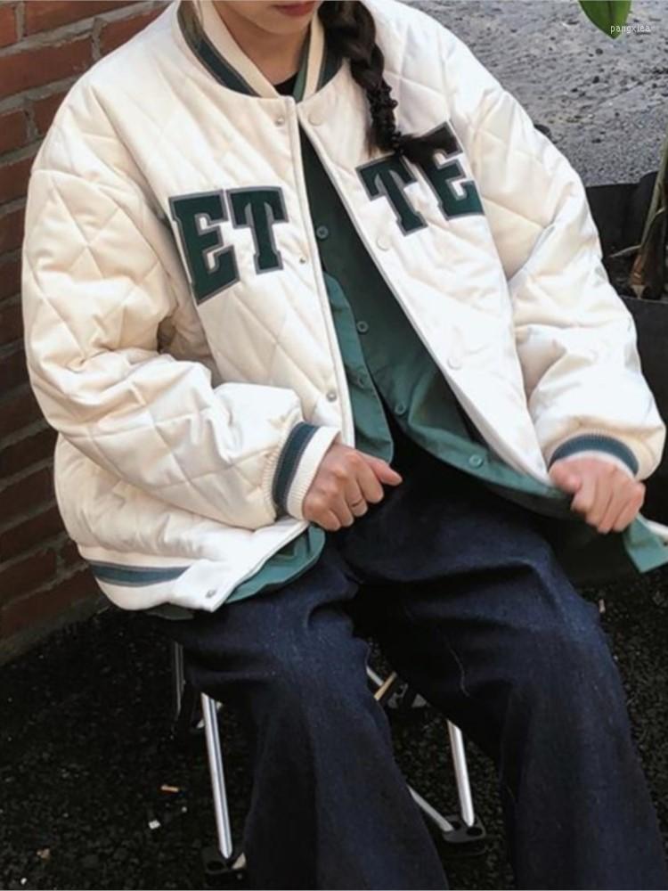 

Women's Trench Coats Winter Quilted Baseball Uniform Jacket Female Harajuku Style Loose Padded Couple Cotton Coat, Black