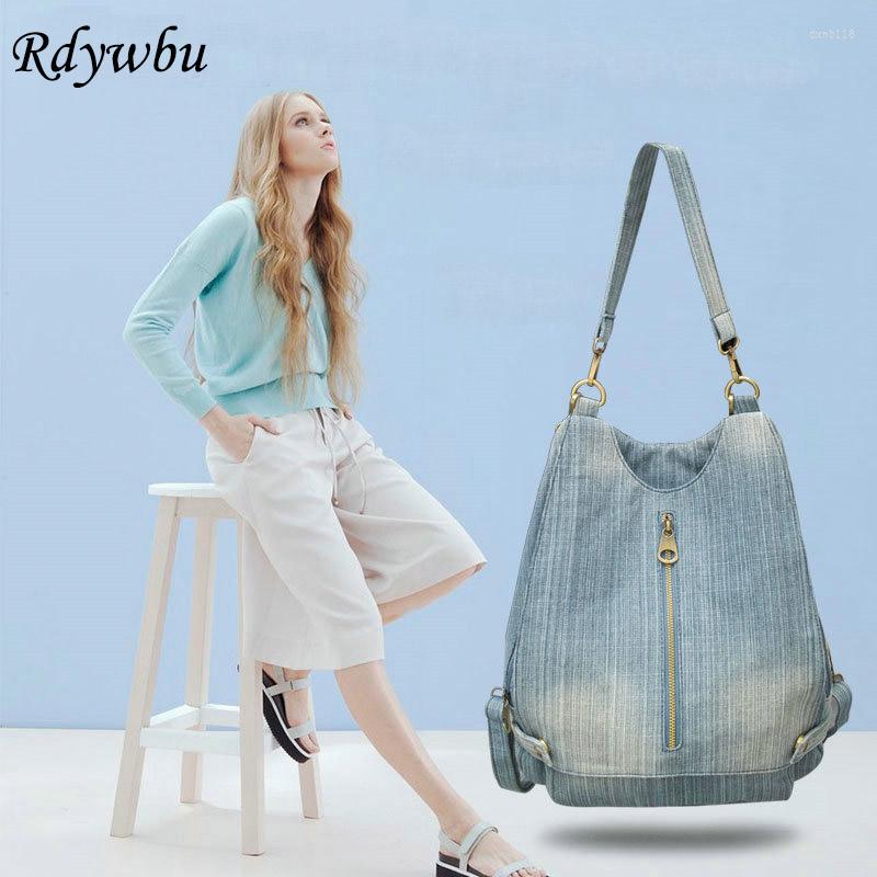 

School Bags Rdywbu Women Vintage Washed Denim Jean Backpack Girl Fashion Multifunctional Travel Shoulder Bag Big Campus Mochila Bolsa B187, Deep blue