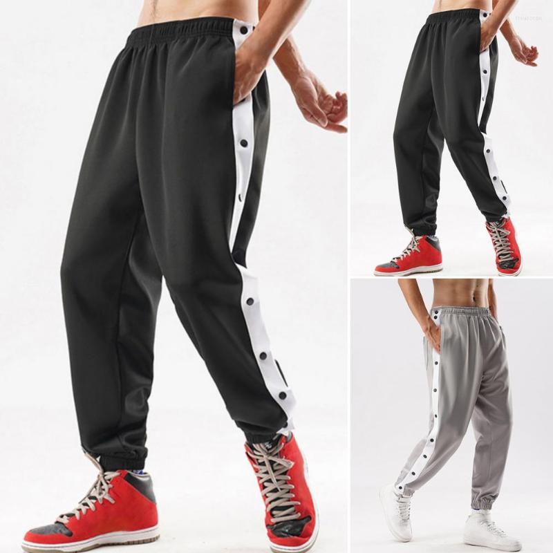 

Men's Pants Mid-Rise Elastic Waistband Pockets Side Sports Trousers Stylish Buttons Closure Men Splicing Basketball Training Sweatpant, Black