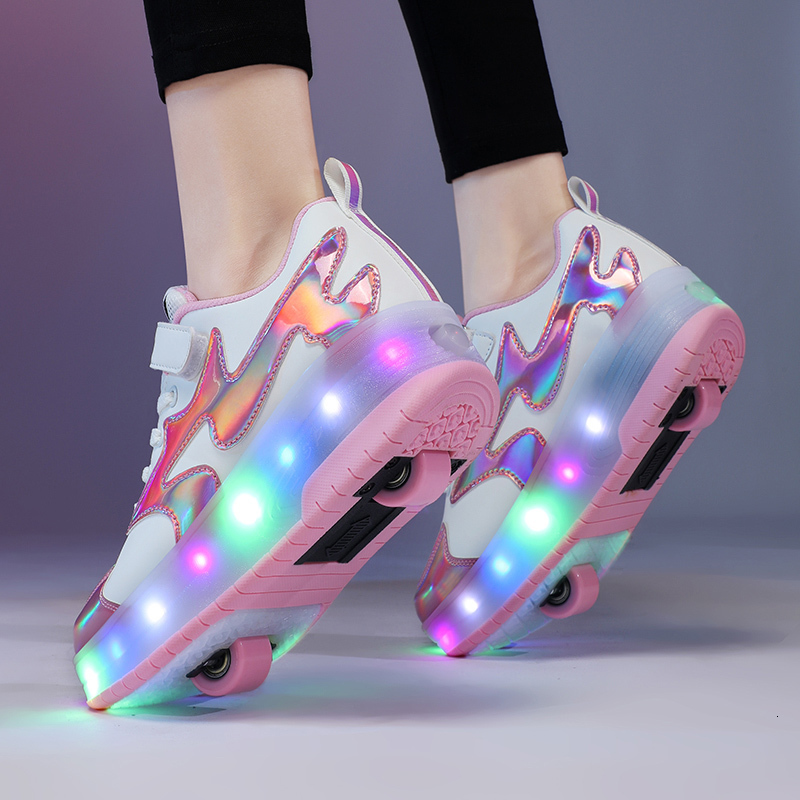 

Sneakers Kids LED usb charging roller shoes glowing light up luminous sneakers with wheels kids rollers skate shoes for boy girls 230203, Black
