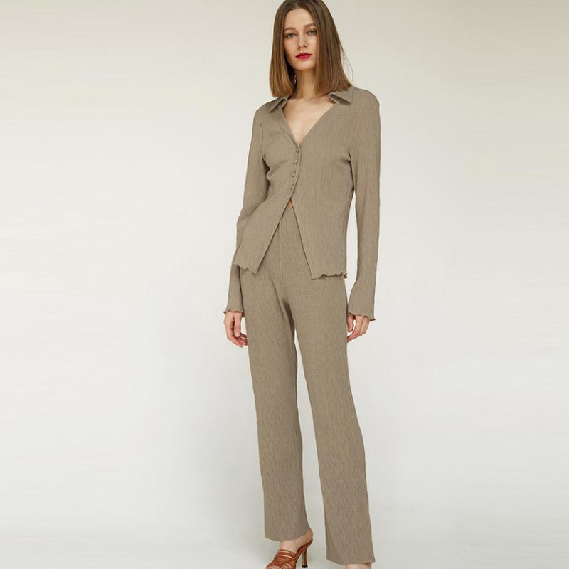 

Women' Two Piece Pants Long Sleeve Shirt And Set For Women Clothing 2 Pieces Spring Summer Fashion Style Ladies Office Wear Khaki Pleated C