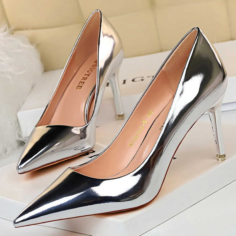 

Dress Shoes 2022 Women Bling 7.5cm 10.5cm High Heels Patent Leather Party Pumps Escarpins Gold Silver Stiletto Heels Bride Shoes Plus Size G230203, Black-7.5cm heels
