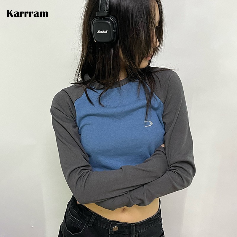 

Women' T-Shirt Karrram Grunge Patchwork T-shirt 90s Vintage Embroidery Tshirt Japanese Harajuku Slim Long Sleeve Tee Shirt Korean Streetwear 230203, White