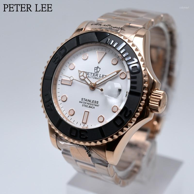 

Wristwatches PETER LEE Brand 40mm Luxury Mechanical Automatic Men Watches Ceramic Bezel Auto Date Stainless Steel Gold, White