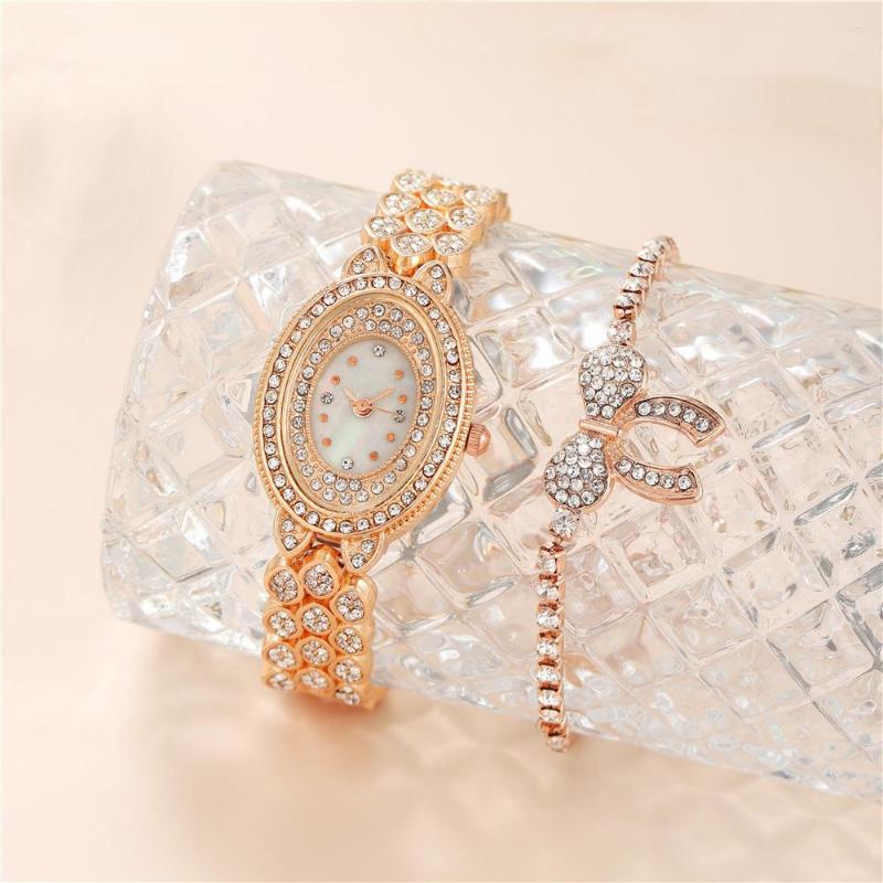 

Wristwatches Fashion Brands Alloy Oval Quartz Watch With Diamonds Ladies' Casual Stainless Steel Watches Rose Gold Colour Diamond Strap