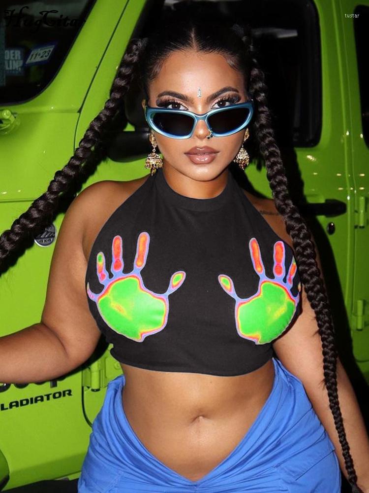 

Women' Tanks Fashion O Neck Backless Hands Print Sexy Slim Skinny Y2K Crop Tank Top 2023 Women Streetwear Party Nightclub Outfit, Black