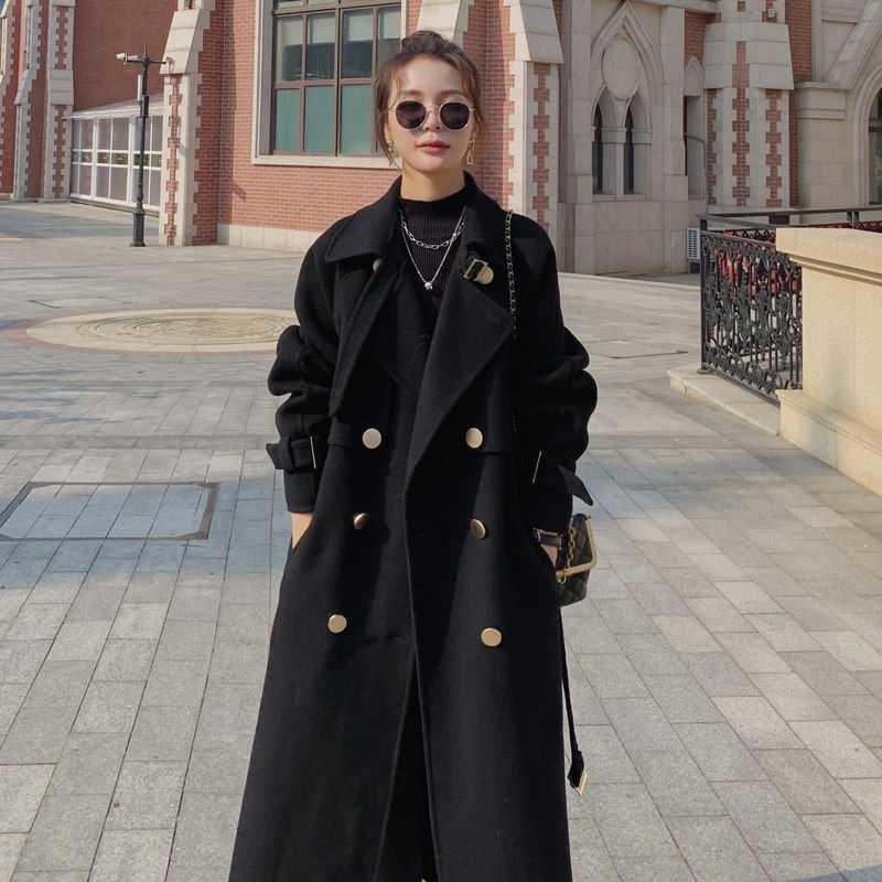 

Women's Wool & Blends Fashion Hepburn Style High End Atmosphere Black Tweed Coat Middle Long Winter Knee Thick Woolen