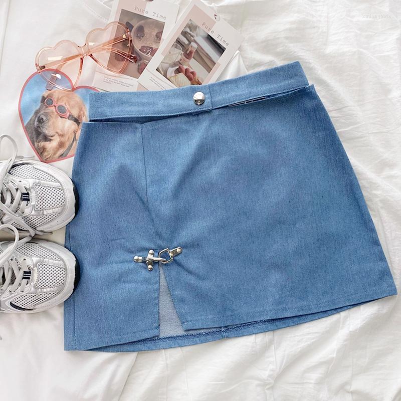 

Skirts Sexy Buckle High-waist Slim Split Denim Blue Short Skirt