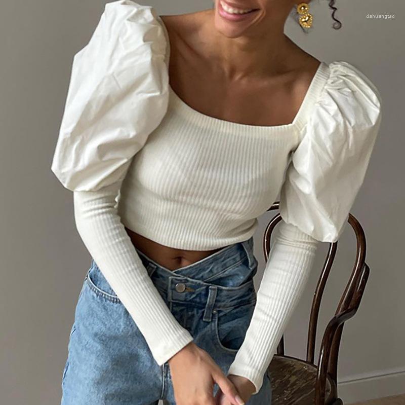 

Women' T Shirts European Women' Wear Autumn/winter 2023 Solid Color Casual Round Collar Crop Slim Bubble Long Sleeve Top, White